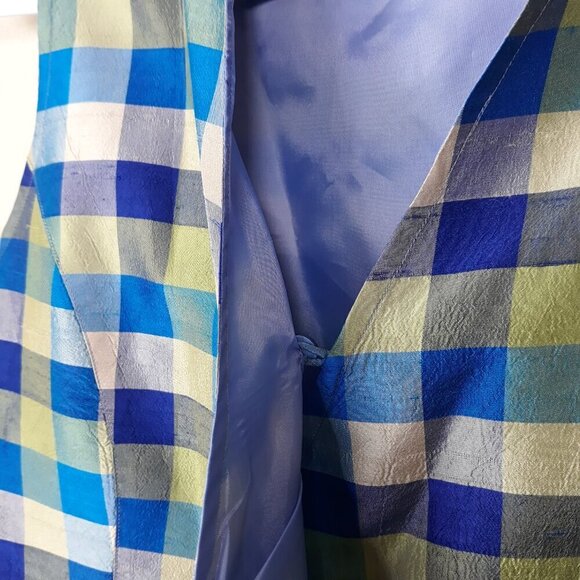 Lot-Anne Carson Silk Blue Plaid Cropped Wrap Top & Green Plaid Top M Sleeveless - Picture 4 of 13